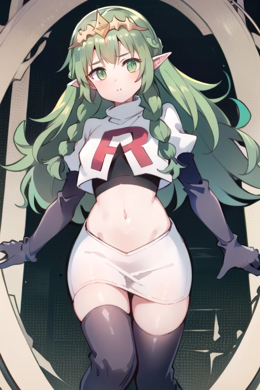 ((ultra detailed, masterpiece, best quality))
FESothis, 1girl, solo, green hair, long hair, green eyes, twin braids, tiara, pointy ears, team rocket,team rocket uniform,white skirt,red letter R,crop top,black thigh-highs,black elbow gloves