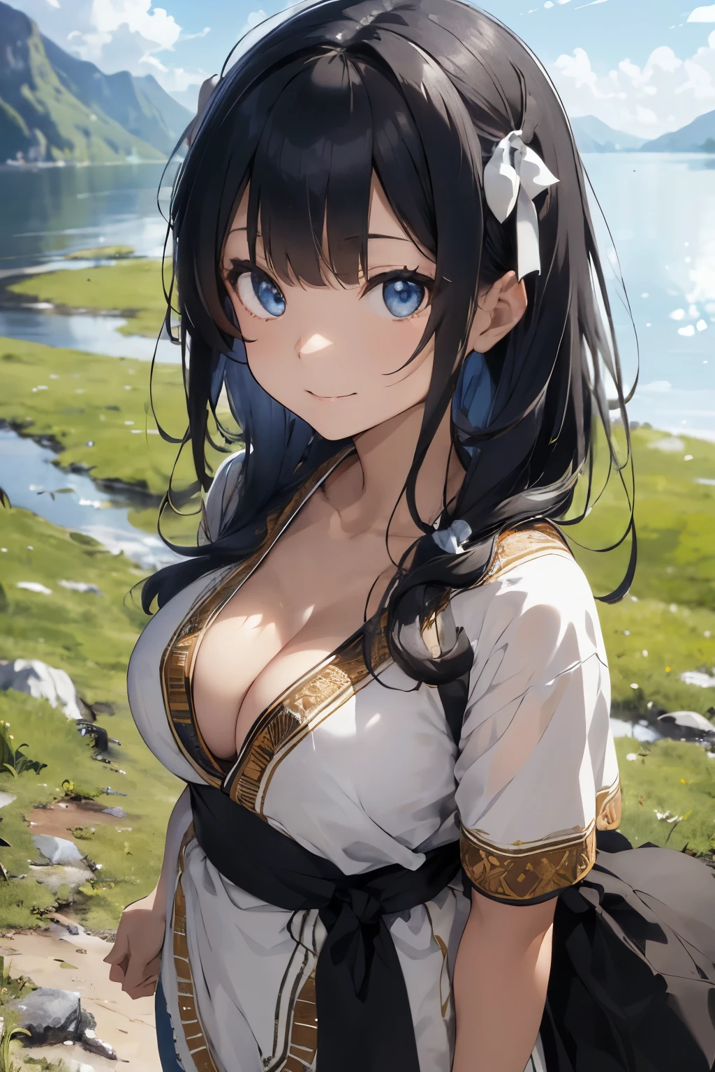 ((Top Quality)), ((Excellent)), (Details),,((Japanese)),, Black Hair,(Childish face),((Straight Hair)), shiny hair, a Girl ,Medium Breasts, ((Blue Eyes)),masterpiece, shy-smile, ultra realistic, 32k, extremely detailed CG unity 8k wallpaper,((from_above)),from above, ((extreme_close_up)) ,((Emphasize the cleavage)), best quality, soft lighting, solo, Straight Hair, blunt bangs, hair bow, hair ribbon, ribbon, ((white dashiki)),((white dashiki)), outdoors, (Grassland), lake, 1girl, black bow, cate , stunning environment ,vibrant colors ,extreme_close_up,