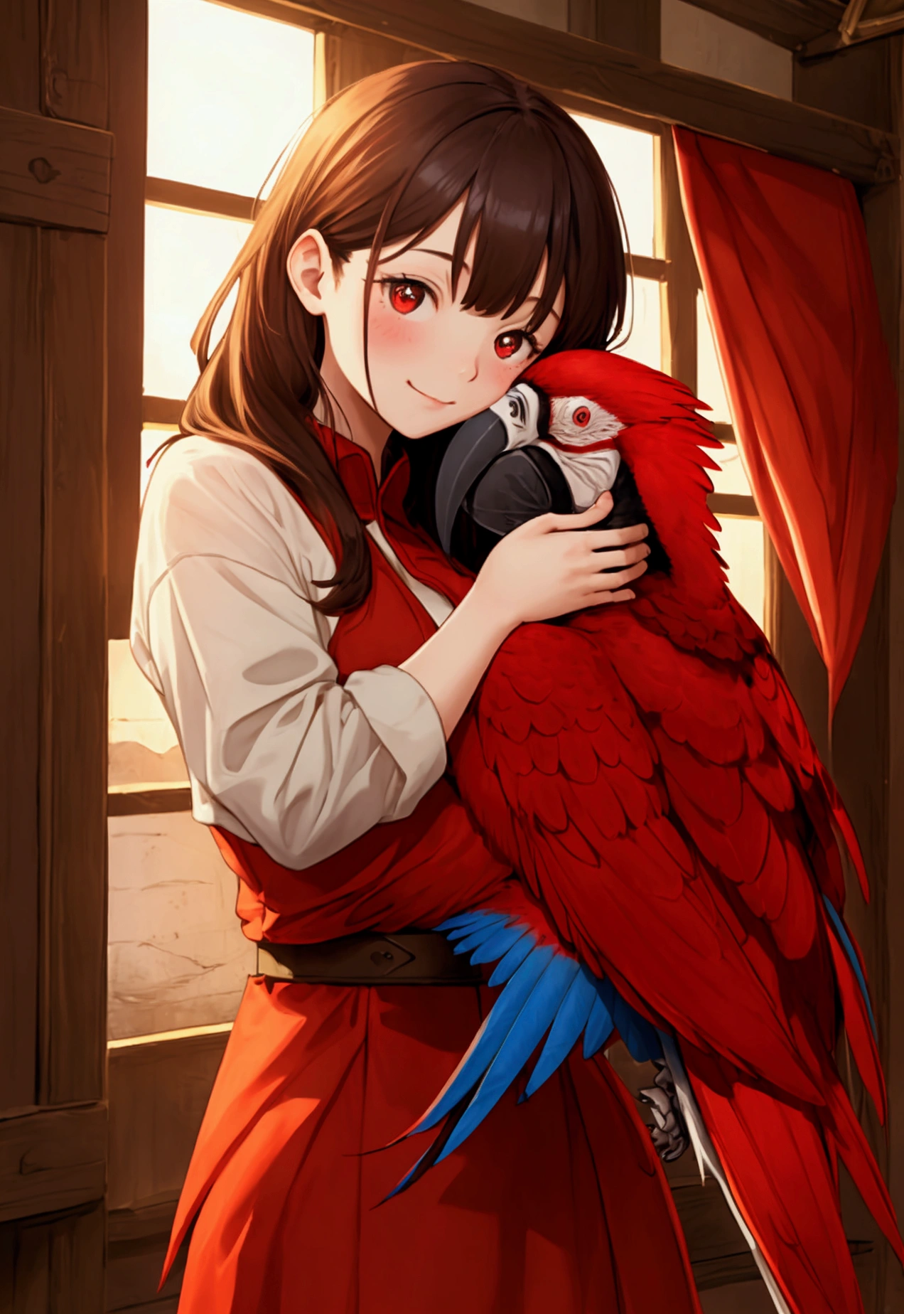 a girl hugging a scarlet macaw