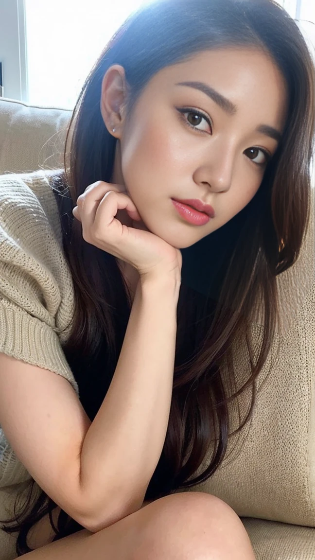 Dark brown hair、Light brown eyes、Japanese actress、I am about 40 years old......、(My NTR More about my category:1.2)、(top-qual私ty:1.4)、 (Ultra-high resolution:1.2)、Ultra-high resolution、(Private Detective Data)、(Detailed facial features)、Hmph、8K resolut私on、C cup breasts、Long Hair、Obscene pose、Beautiful feet、Open your mouth a little、Please lift your chin a little、No sleeve、Light of the sun、White wall、、2Book legs、2Book Hand、Beautiful feet、Expressions of weakness、Posing with a sense of vulnerability、Sleeping on the couch、Lying down、