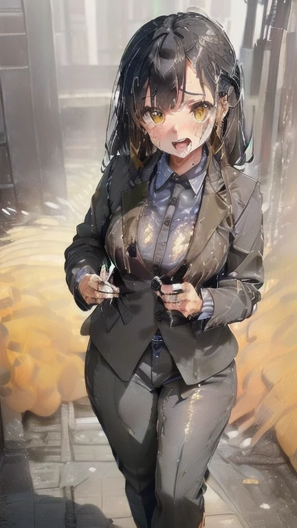 (must be follow these prompts:2.2),masterpiece,best quality,extremely detailed,(in her clothing:3.0),(in her formal styled business suit clothing:2.6),(adorable girl:2.5),(usually adorable face:2.2),(displayed one girl on single picture:2.4),(black hair:2.1),(lower height:2.3),(A small, curvy new employee working in modern Tokyo wearing a dark grey business suit jacket and trousers:2.3),(A cute girl-like moan echoes:2.2),(The new employee was covered in thick, concentrated semen that had soaked into her dark gray suit repeatedly, turning it amber-colored, and she became a very smelly, dirty girl.:2.1),(The new employee was wearing a business suit and had been ejaculated on there some time ago, leaving a very light brownish yellowish stain that was smeared with uneven coloring.:1.7),(その新入社員はfirst time々It gives a cute and innocent impression.:2.4),(The recruit's entire body was oozing with the slimy secretion of sexual climax.:2.1),(The new employee's breasts, covered by her business suit, are swelling with intense lust.:2.4),(The new employee succumbed to her sexual desire and played with her clitoris through her pants.:1.8),(libidonous tumultus are makes sensuous reaction of her body:2.1),(she was sank into the depth of irresistible low passion:1.6),(viscous drips on her suit like a hunny dipping:2.4),(The new employee's love juices were dripping down the inside thighs of her dark grey trousers.:2.2),(in her clothing massively ejaculated:2.2),(men's elected twangers were inserted her:2.3),(The new employee with a plump, round body smells like semen:2.3),(she was already stroked up to the depth intervaginal sensual spot:2.3),(notably buldged up her inner labia majora:2.9),(A young, shy moan:1.5),(having big breasts in her clothing:2.6),(A new employee with an innocent look working in the office:2.3),(The new employee is short but has a slightly plump body.:2.1),(The crotch of his dark grey trousers is discolored with love juice stains.:2.5),(The new employee is convulsing and dripping love juice from her pussy, which is hidden under her pants.:1.8),(The new employee's dark grey trousers, which hug her plump thighs, are damp with lascivious secretions.:2.0),(The new employee endures the slush between his legs by continuing to wear his dark grey trousers.:2.1),(A new employee who is always holding his crotch over his dark grey trousers:1.7),(A moan filled with childish embarrassment:1.5),(The new employee's suit-covered breasts and nipples are bulging with lust.:1.8),(The new employee has a very lewd body hidden under her clothes.:2.2),(The new employee works very diligently.:2.5),(The new employee has short, thick legs.:2.2),(first time々New Employees:2.2),(she looks like japanese idol:2.3),(The dark grey trousers are made from a durable fabric that will never tear.:2.3),(she looks like a ta:2.0),(All of this happened to the new employee himself, not anyone else.:3.1),(tough business suit:2.2),(Make sure to depict the face:5.3),(Calm expression:4.3),(Innocent face:3),(The story focuses on just that one new employee.:3.3),(The only characters that appear are the new recruits.:4.2),(Portrait Style:5)
