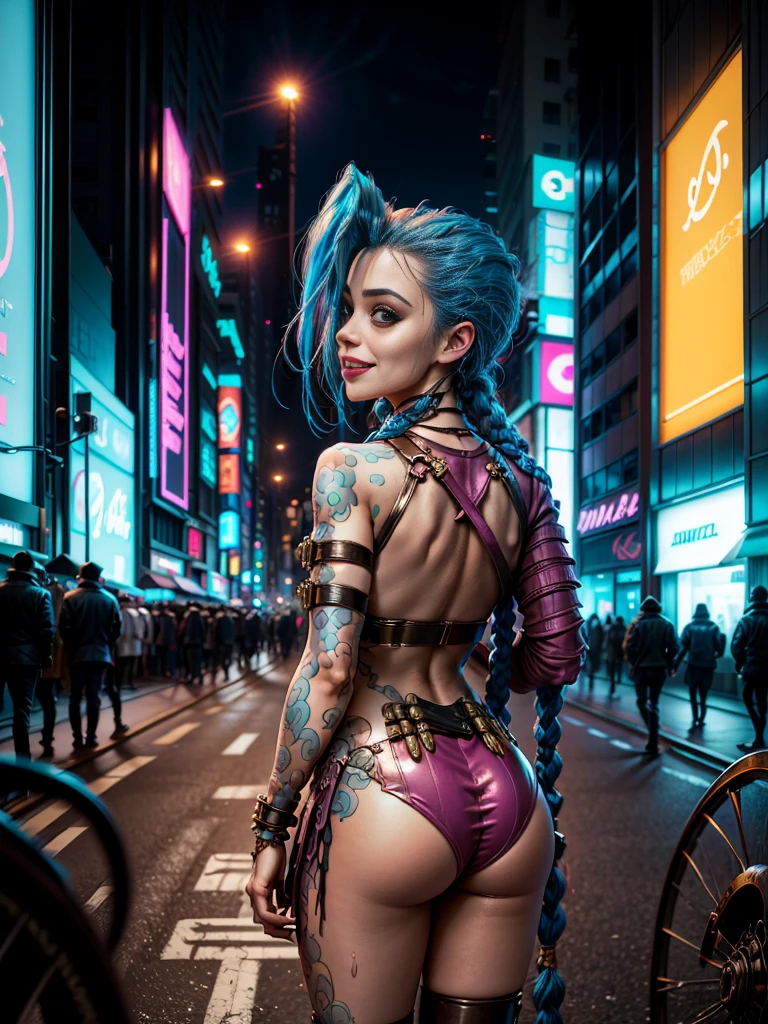 ((Jinx wears a Harajuku Tech costume), Cowboy-shot, wind, tousled hair, cyberpunk cityscape, (Aesthetics and atmosphere:1.2),smiling, Laugh，Super wide shot, from the back