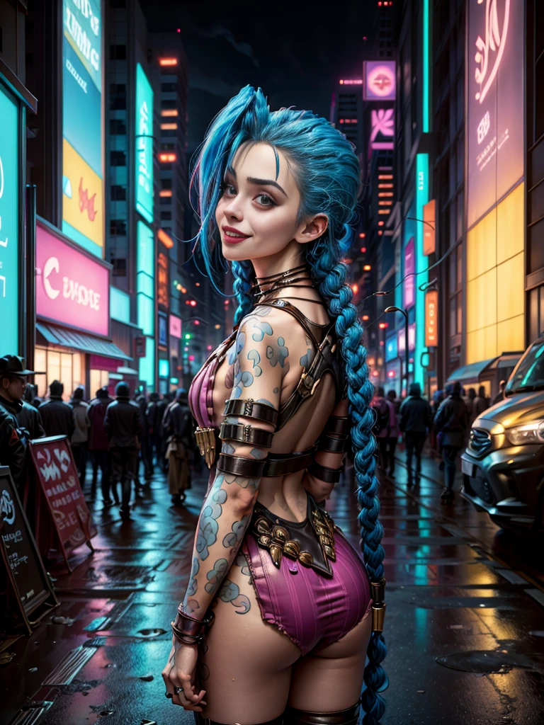 ((Jinx wears a Harajuku Tech costume), Cowboy-shot, wind, tousled hair, cyberpunk cityscape, (Aesthetics and atmosphere:1.2),smiling, Laugh,Super wide shot, from the back