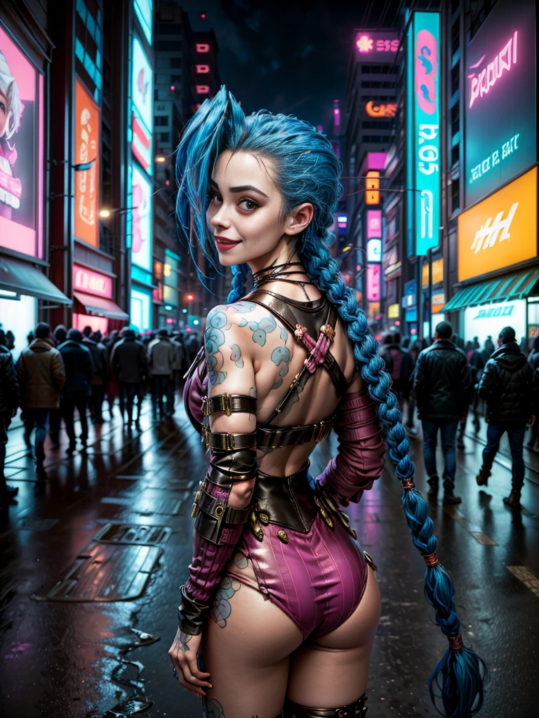 ((Jinx wears a Harajuku Tech costume), Cowboy-shot, wind, tousled hair, cyberpunk cityscape, (Aesthetics and atmosphere:1.2),smiling, Laugh,Super wide shot, from the back