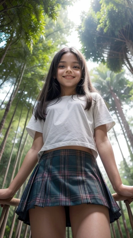 Brazilian (((10 years old))) dark brunette, hair straightened , smiling appearance, (((complexión delgada))) bokeh effect, día environment, photo, forest bambú, luz natural, de perfil, mini skirt tartan, blusa ombliguera, reddit upskirt panties accidental, view from below 