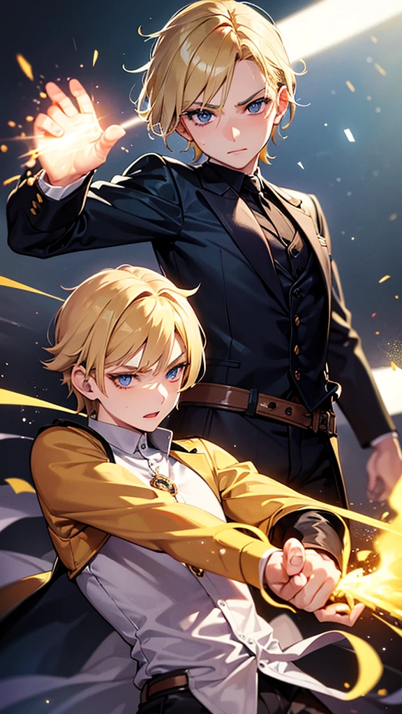 A 9 years old boy , he has blonde hair .. wearing luxurious clothes , blue eyes , blonde eyelashes , fighting pose , electric power