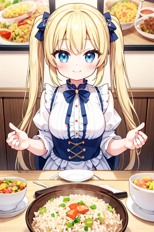 A happy smile,Large serving of fried rice,fried rice,,Highest quality,Blonde with blue eyes、Lolita、Small breasts、Twin tails、girl'enjoy,smile,bonnet,chopsticks,Japanese hashi,