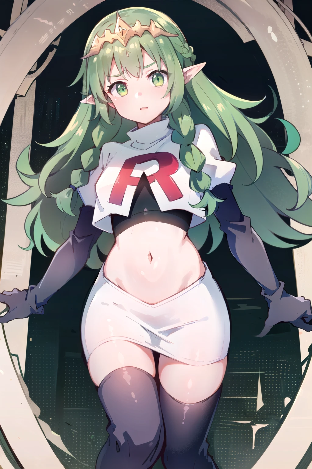 ((ultra detailed, masterpiece, best quality))
FESothis, 1girl, solo, green hair, long hair, green eyes, twin braids, tiara, pointy ears, team rocket,team rocket uniform,white skirt,red letter R,crop top,black thigh-highs,black elbow gloves