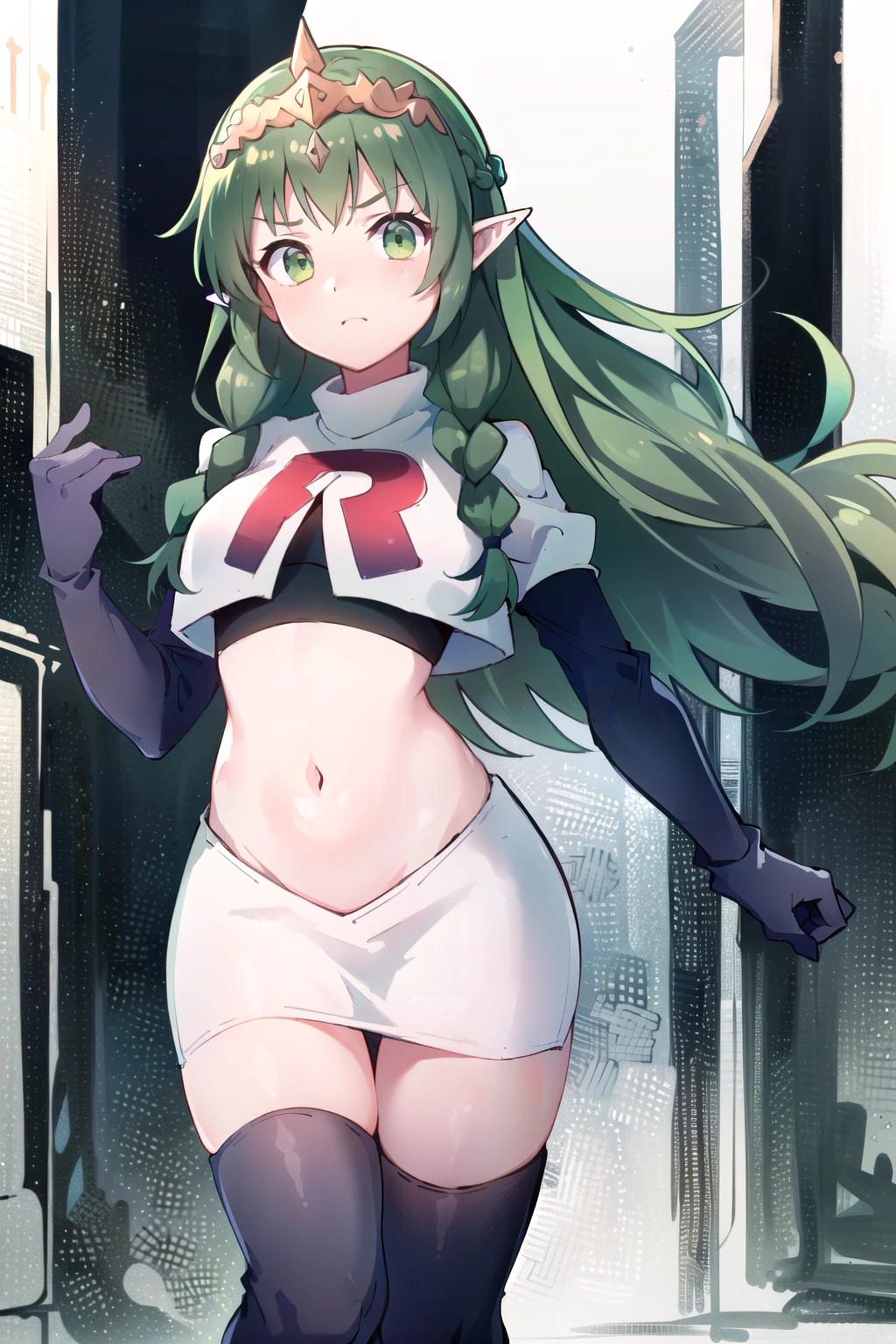 ((ultra detailed, masterpiece, best quality))
FESothis, 1girl, solo, green hair, long hair, green eyes, twin braids, tiara, pointy ears, team rocket,team rocket uniform,white skirt,red letter R,crop top,black thigh-highs,black elbow gloves