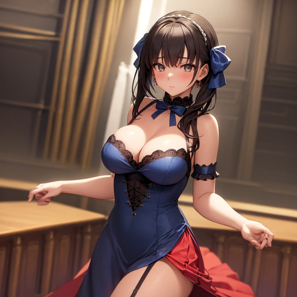 ((best quality)), ((masterpiece)), (detailed), 1girl, gothic, blue theatrical dress, black straps, large red bow in hair, theatre stage, circus.