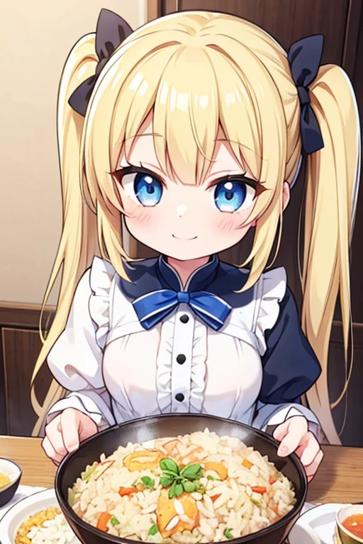 A happy smile,Large serving of fried rice,fried rice,,Highest quality,Blonde with blue eyes、ta、Small breasts、Twin tails、girl'enjoy,smile,bonnet,chopsticks,Japanese hashi,