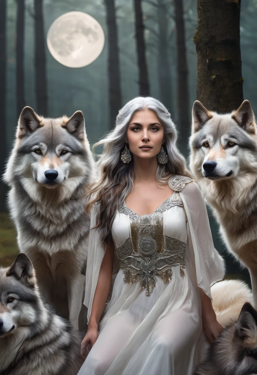 Light brunette moon goddess with silver hair cob pack of wolves around her