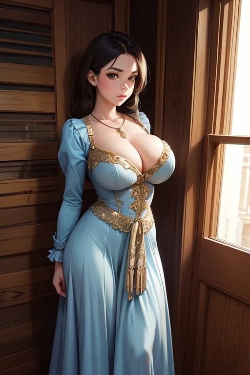 A girl with big breasts, with a gray Steampunk style dress