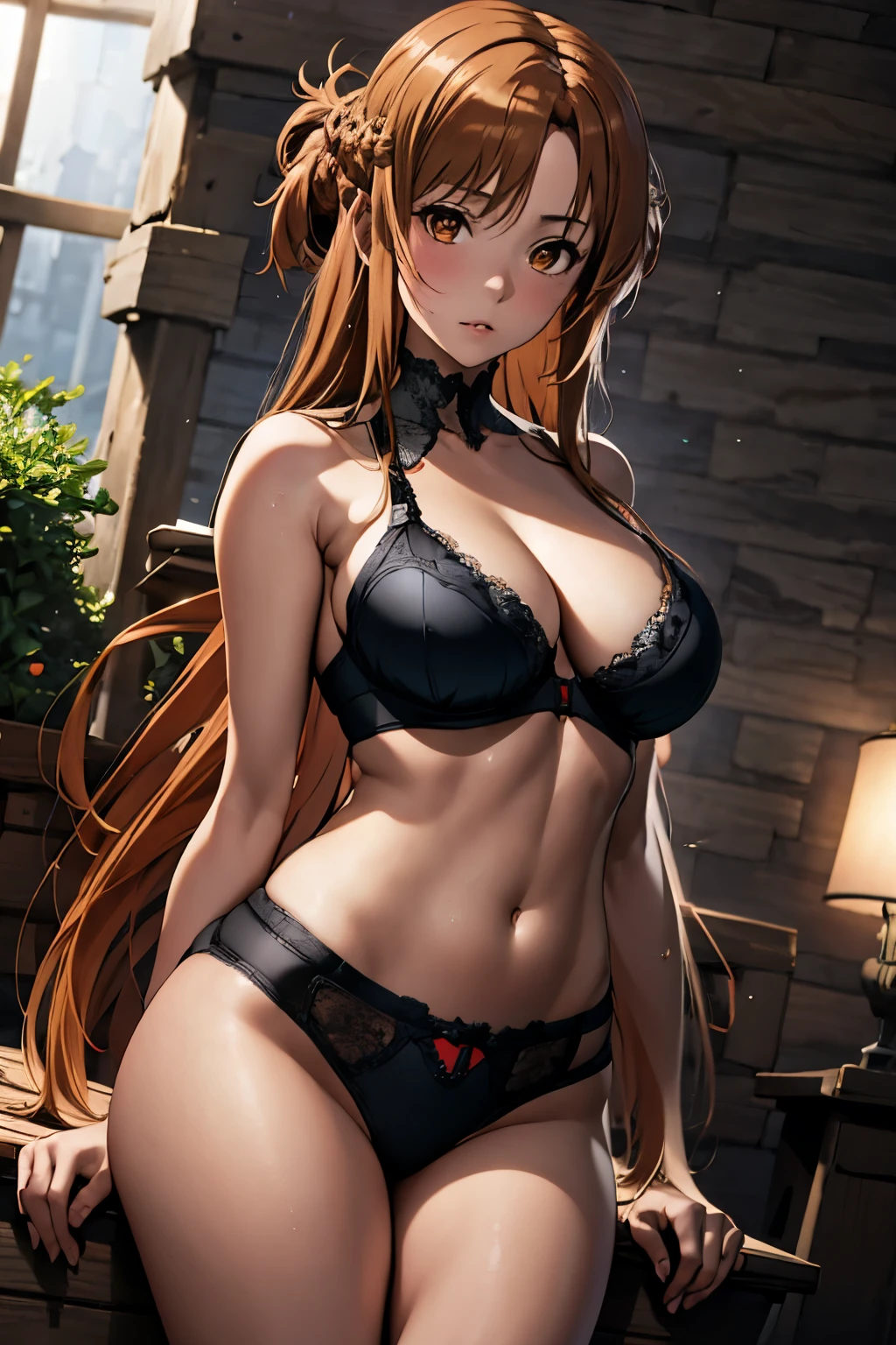 anime, Highly detailed face, Highly detailed eyes, Highly detailed background, Perfect lighting, whole body, One girl, alone, As Yuuki, Asuna, formal, indoor, Black detailed dress, Black high heels, Cleavage, tiara, jewelry, Hair Bun, Frilled Skirt, See through, Black underwear、Long light brown hair, Absurd, High resolution, Super sharp, 8k, masterpiece, View your viewers, Has a black sword