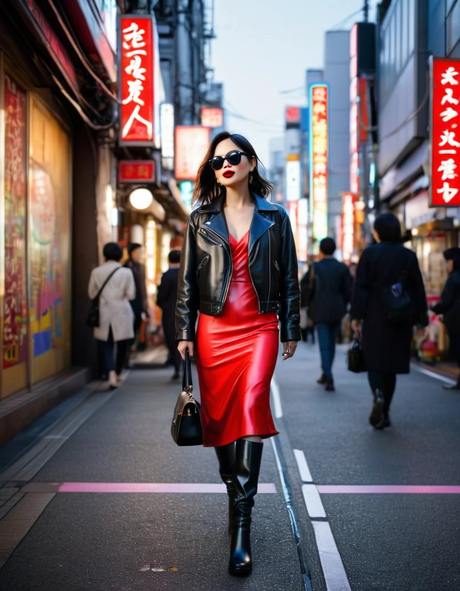 A stylish woman walks down a Tokyo street filled with warm glowing neon and animated city signage. She wears a black leather jacket, a long red dress, and black boots, and carries a black purse. She wears sunglasses and red lipstick. She walks confidently and casually. The street is damp and reflective, creating a mirror effect of the colorful lights. Many pedestrians walk about, photorealistic, Natural skin texture, realistic skin, soft shadows, natural complexion, natural pores, light blush, matte skin, natural lighting