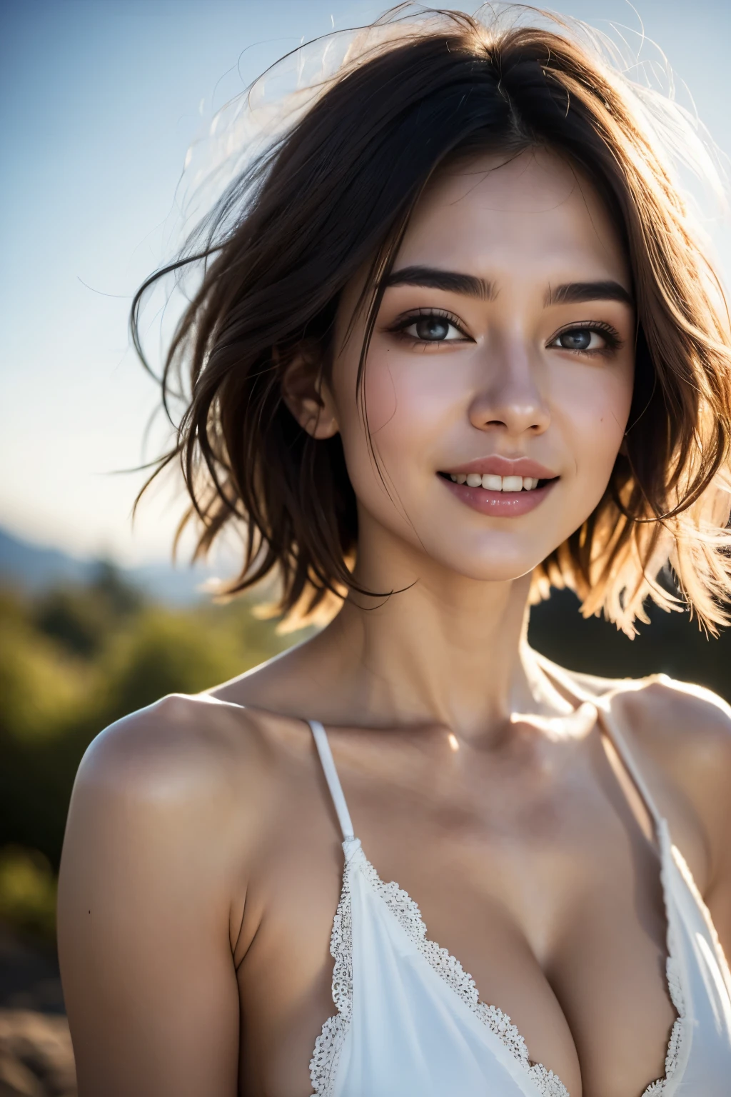 Completely naked,(( realistic light, highest quality, 8k, masterpiece :1.3)), 1 girl, Beautiful woman with slender figure :1.4, abs :1.1, (Floating wavy silk brown hair, hair blowing in the wind, big_chest :1.2), (deep_cleavage), (Sweaty skin on chest:1.3), Are standing, Sunset in the mountains, Dynamic natural light, super detailed face, fine eyes, double eyelid, shiny skin, full_body shot、smile、short hair style、Ivory costume、see-through costume、silk blouse