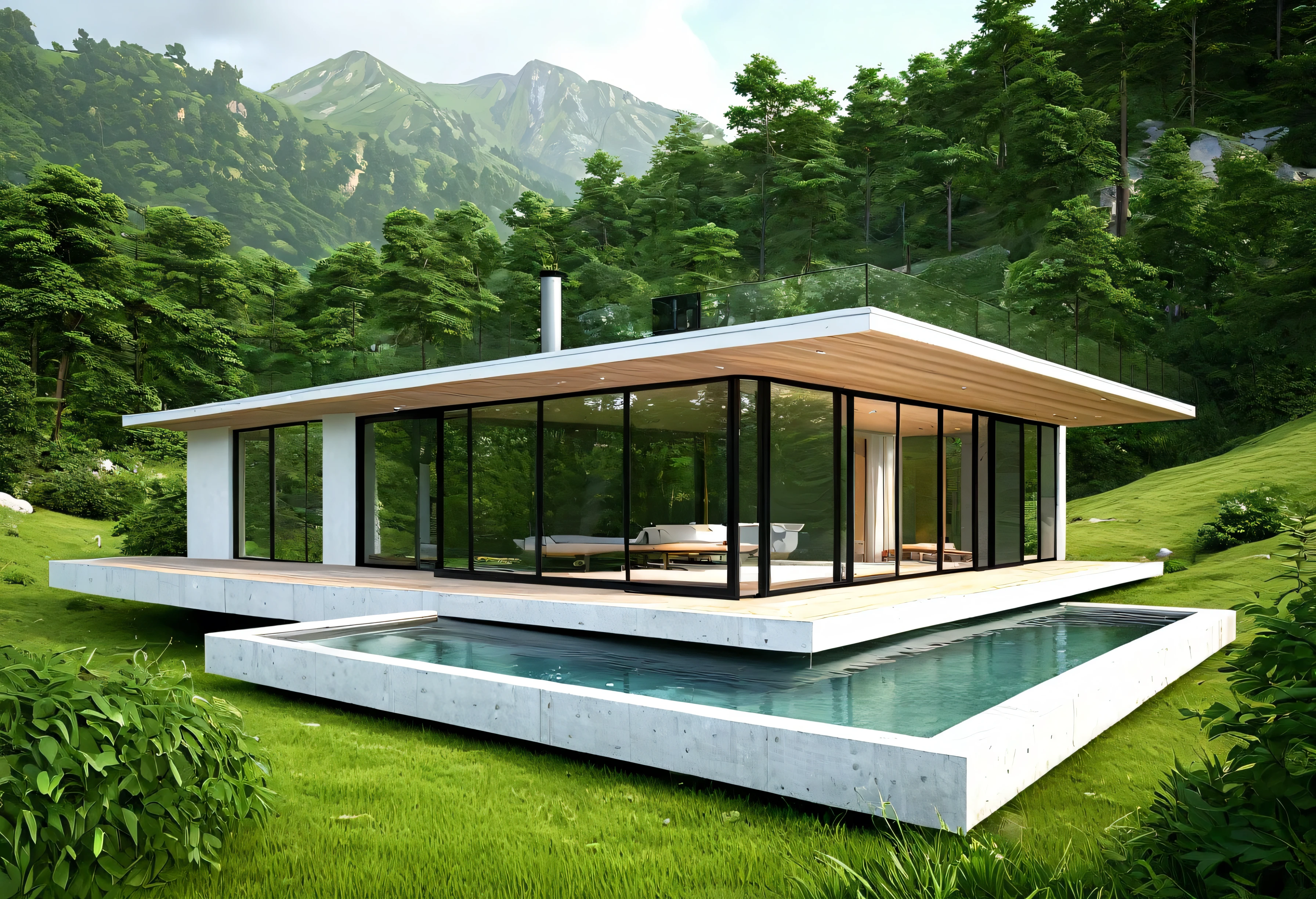 a small modern mountain house with a glass facade, single floor, minimalist architechture, large windows, surrounded by nature, wooden exterior, linhas limpas, panoramic view, cozy interior, attractive design, contemporary style, natural lighting, serene paisaje, lush vegetation, beautiful scenery, (best qualityer,4K,8k,high resolution,work of art:1.2),ultra detali,(realisitic,photorealisitic,photo-realisitic:1.37),architechture,paisaje