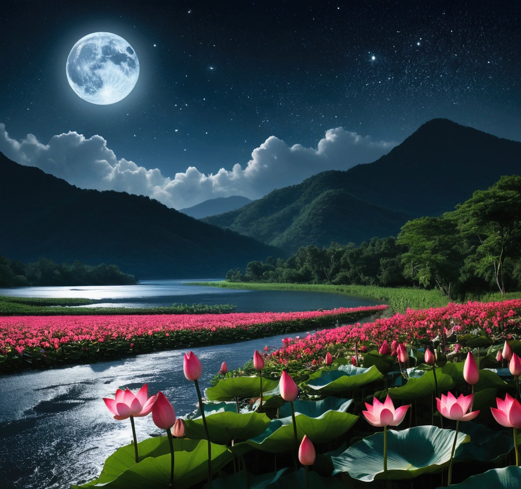 at night, only moonlight illuminates, crooked moon, Mountains in the distance, beautiful big lotus flowers nearby, big red lotus flowers, running water on the side, Sapos, Summer full of joy, crooked moon in the sky mixed with stars, amazing wallpaper, raining night, night in the rain, beautiful and gorgeous, film, high détail ((chuva pesada))), 8k