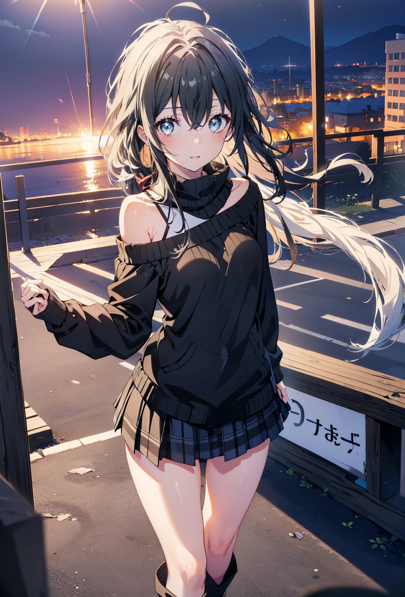 Yukino, yukino yukinoshita, Black Hair, blue eyes,smile, Long Hair, Ahoge,One-shoulder sweater,mini skirt,Black tights,short boots,whole bodyがイラストに入るように,morning,morning陽,The sun is rising,Walking,
break looking at viewer,whole body,
break outdoors, Building district,
break (masterpiece:1.2), Highest quality, High resolution, unity 8k wallpaper, (shape:0.8), (Beautiful and beautiful eyes:1.6), Highly detailed face, Perfect lighting, Highly detailed CG, (Perfect hands, Perfect Anatomy),
