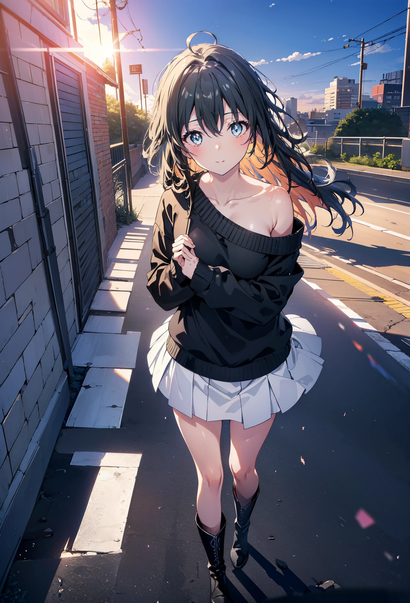 Yukino, yukino yukinoshita, Black Hair, blue eyes,smile, Long Hair, Ahoge,One-shoulder sweater,mini skirt,Black tights,short boots,whole bodyがイラストに入るように,morning,morning陽,The sun is rising,Walking,
break looking at viewer,whole body,
break outdoors, Building district,
break (masterpiece:1.2), Highest quality, High resolution, unity 8k wallpaper, (shape:0.8), (Beautiful and beautiful eyes:1.6), Highly detailed face, Perfect lighting, Highly detailed CG, (Perfect hands, Perfect Anatomy),