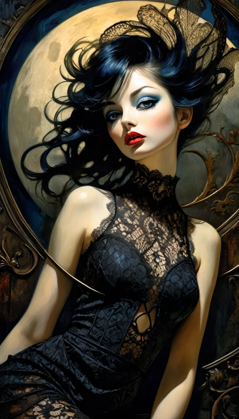 dark moon, eroticism, sexy lace dress, (best quality,4k,8k,highres,masterpiece:1.2),ultra-detailed,(realistic,photorealistic,photo-realistic:1.37),intricate details,vivid colors,sharp focus,professional,Dave McKean artwork, oil touch of surrealism,oil painting style,portrait,woman,beautiful detailed eyes,beautiful detailed lips,dreamlike atmosphere,shadow play,soft lighting,playful pose,dark hues,ethereal background,fantasy elements,texture,layered composition.