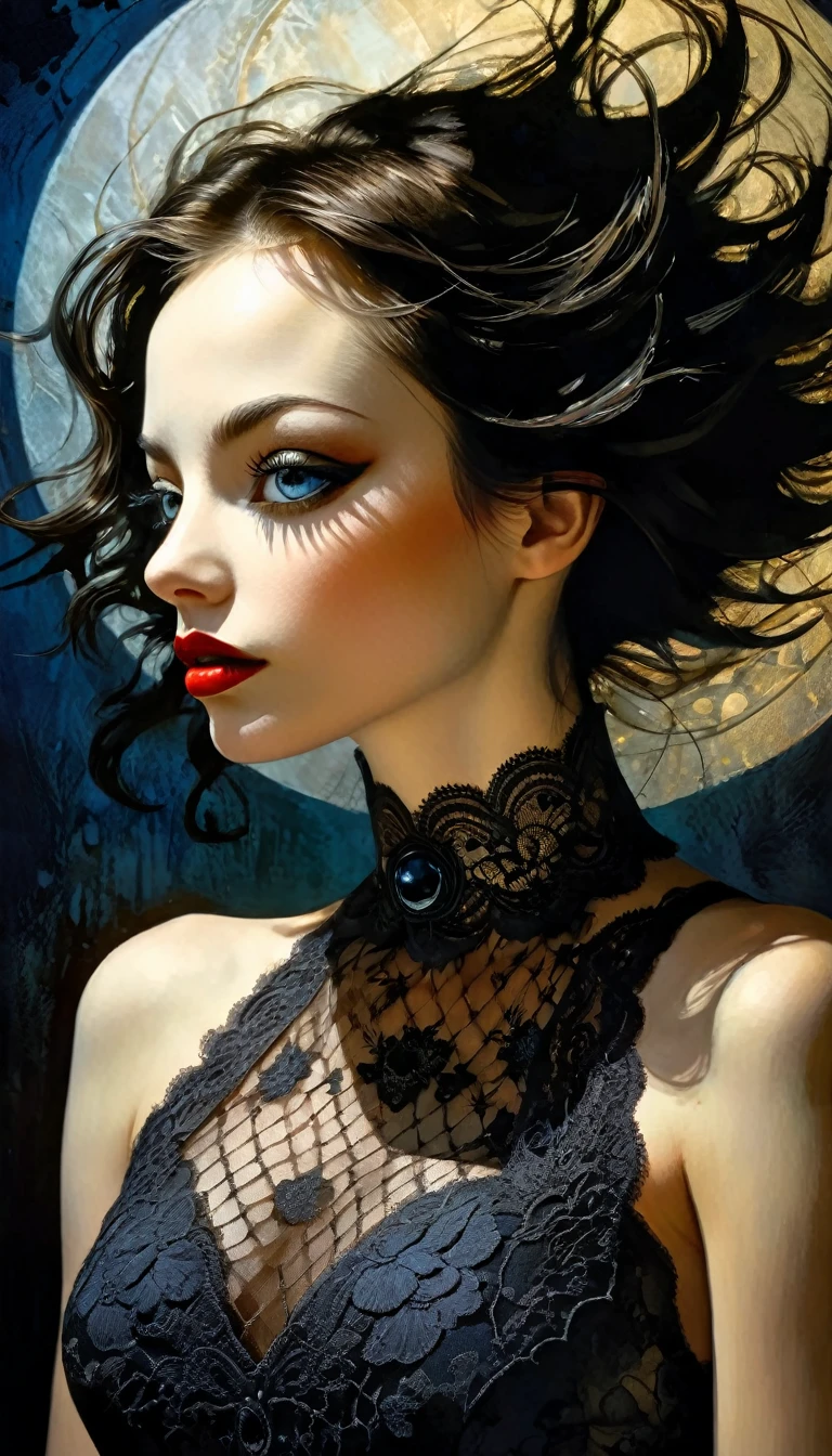 dark moon, eroticism, sexy lace dress, (best quality,4k,8k,highres,masterpiece:1.2),ultra-detailed,(realistic,photorealistic,photo-realistic:1.37),intricate details,vivid colors,sharp focus,professional,Dave McKean artwork, oil touch of surrealism,oil painting style,portrait,woman,beautiful detailed eyes,beautiful detailed lips,dreamlike atmosphere,shadow play,soft lighting,playful pose,dark hues,ethereal background,fantasy elements,texture,layered composition.

