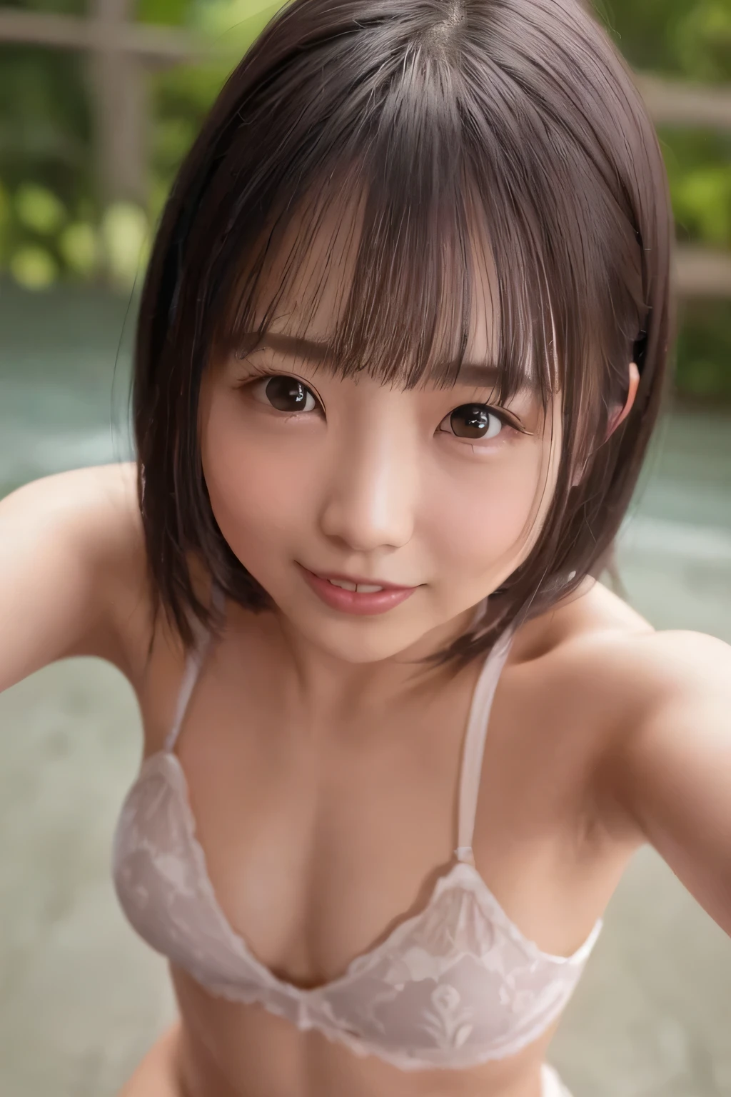 (Chiaroscuro:1.3)、8k,((Highest quality)), ((masterpiece)), Highest quality),, Gymnast, , , , blush, Staring at the audience, cloud, splash, , sun,  Jump, , High resolution, Super detailed, 1 Girl、、slim、(Flat Body)、(25 year old girl)、Black Hair、Iris、()、(Face shot close up:1.23)、Tan Lines