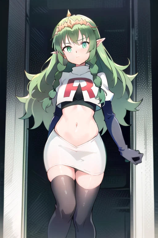 ((ultra detailed, masterpiece, best quality))
FESothis, 1girl, solo, green hair, long hair, green eyes, twin braids, tiara, pointy ears, team rocket,team rocket uniform,white skirt,red letter R,crop top,black thigh-highs,black elbow gloves