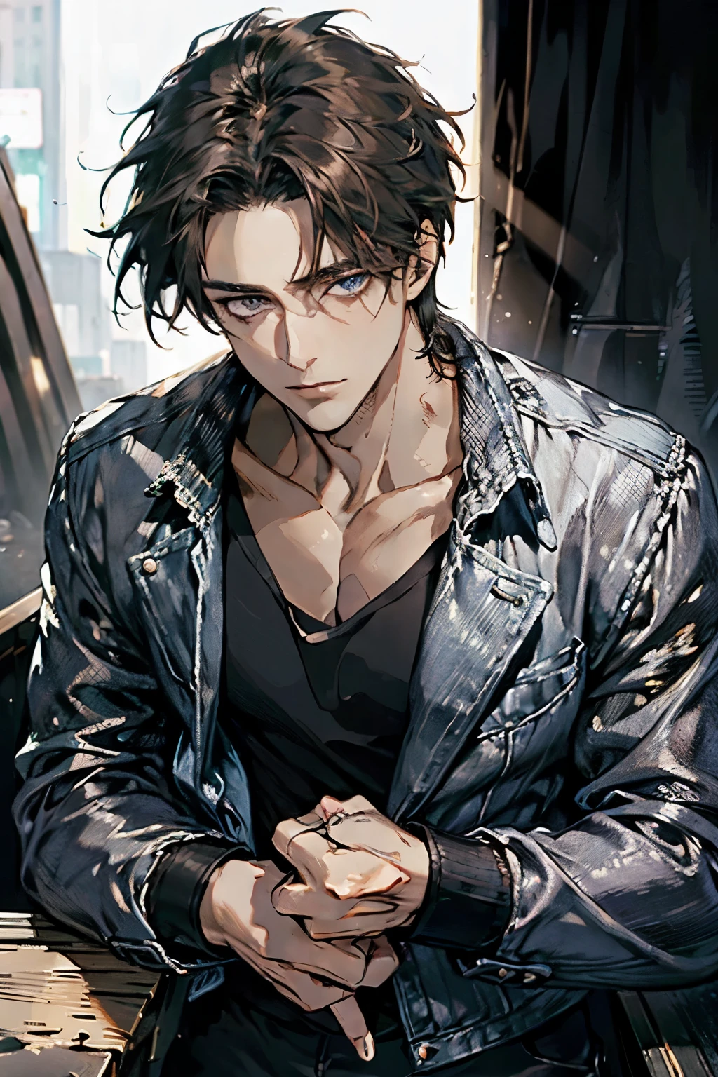 (Best Quality,4k,8k,high resolution,Masterpiece:1.2),ultra detailed,(realist,photorealist,photo-realist:1.37),1 man,31 years,mature man,muscular,square jaw,very handsome,without expresion,short gray black hair,hairstyle,Blue eyes,glare,perfect face without mistakes,imposing posture,collar jacket,leather jacket,dark background,cinematic lighting,imagen HDR