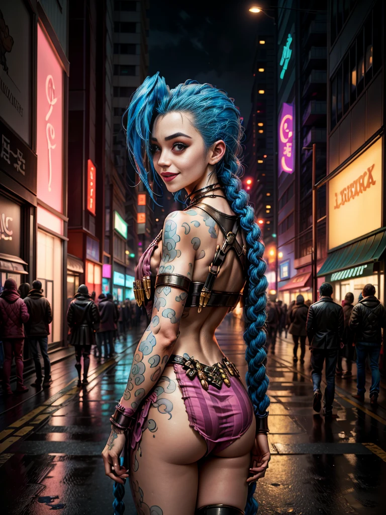 ((Jinx wears a Harajuku Tech costume), Cowboy-shot, wind, tousled hair, cyberpunk cityscape, (Aesthetics and atmosphere:1.2),smiling, Laugh，Super wide shot, from the back