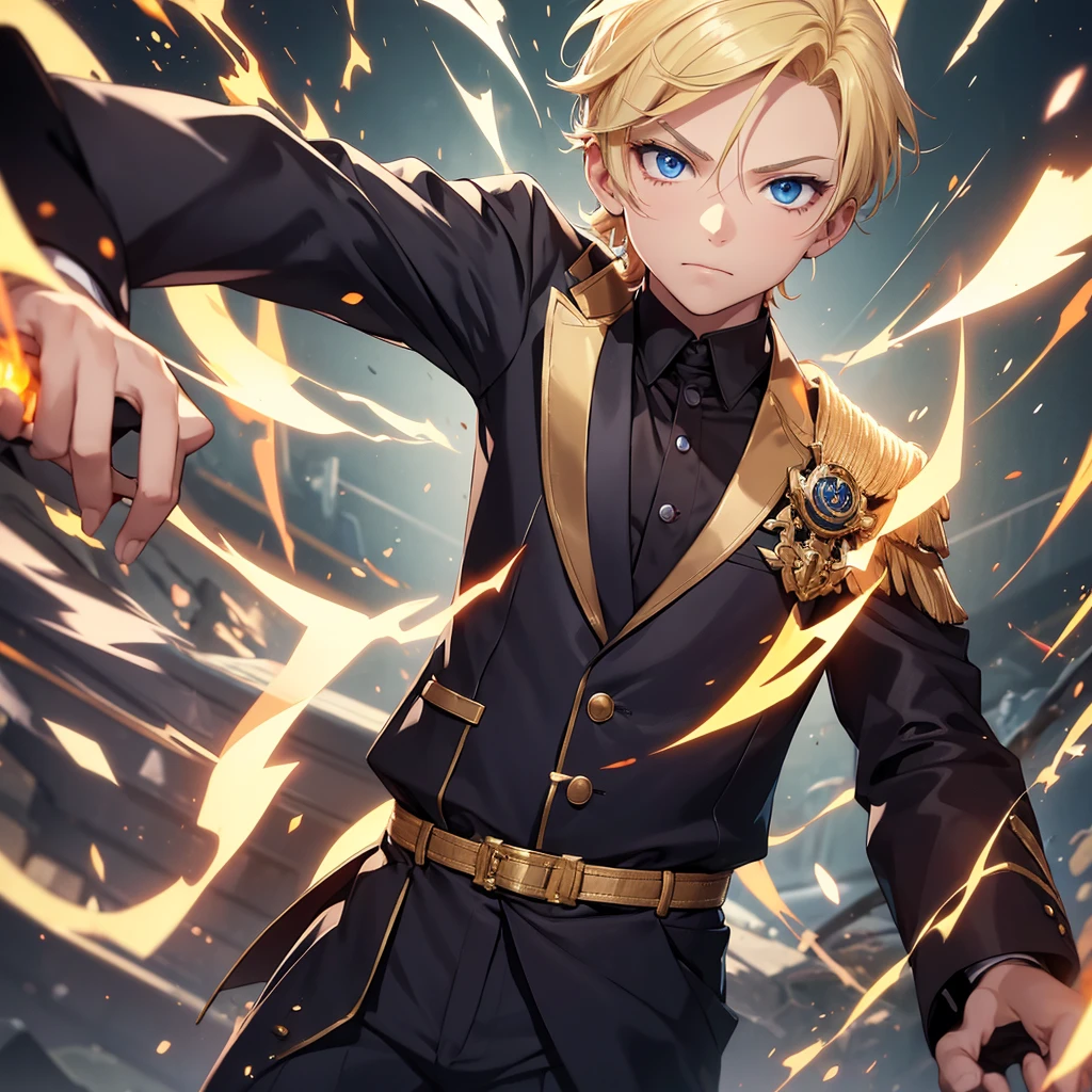 Male 9 years old boy , he has blonde hair .. wearing luxurious clothes , blue eyes , blonde eyelashes , fighting pose , electric power