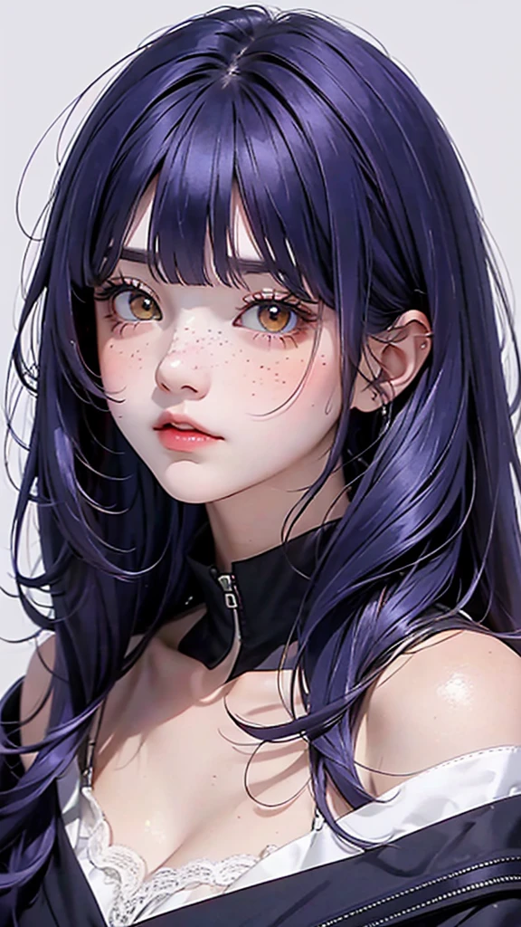 anime girl 20 years old with narrow yellow eyes, a smoll mole under the eye, bruises under the eye, inconspicuous freckles on the nose, straight dark purple-blue hair below the shoulders, long bangs covering the left eye, pale skin, tired look,  of the second size, low height, 4k