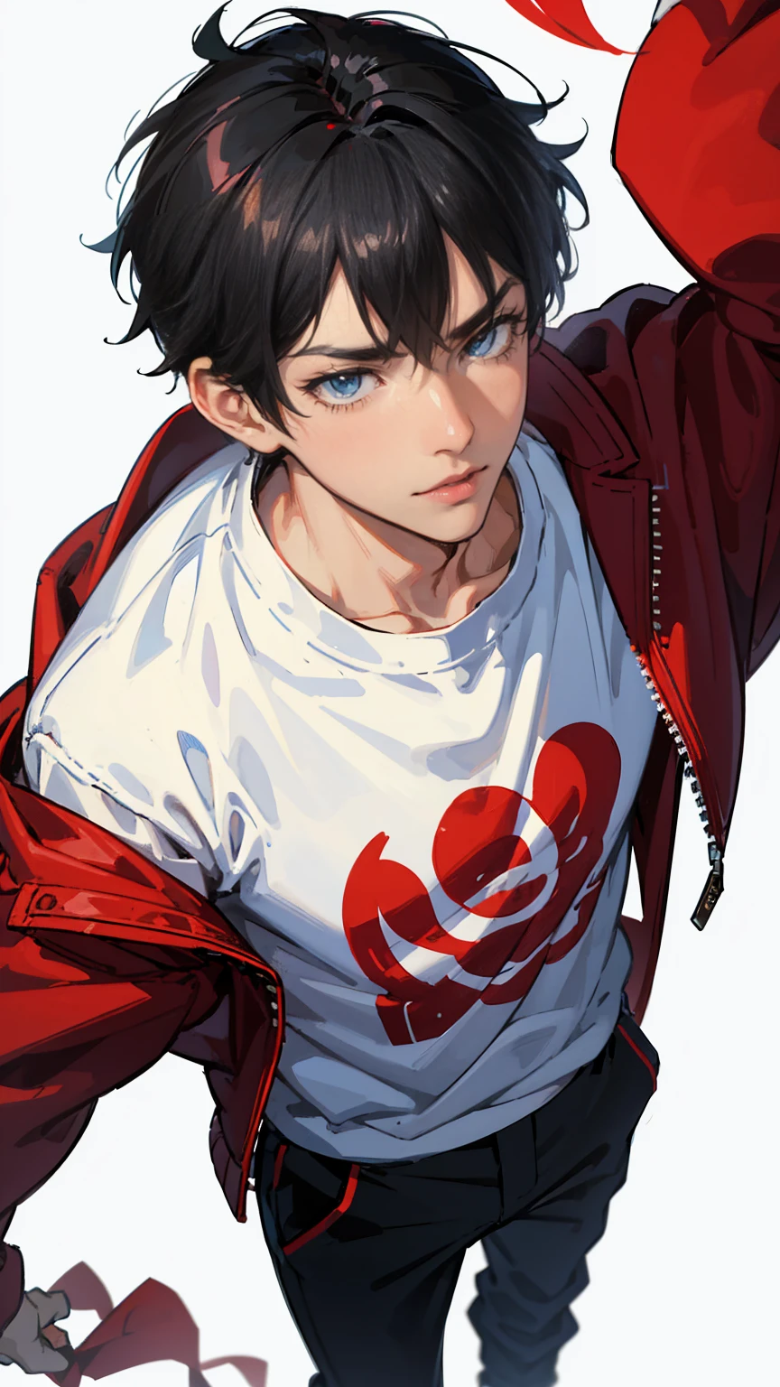 1 man, boy hair, short hair, black hair, red jacket sweatshirt jacket, blue eyes, white t-shirt, black pants, smoking, (masterpiece), best quality, expressive eyes, perfect face, white background, bright eyes, fullbody, fury ears,