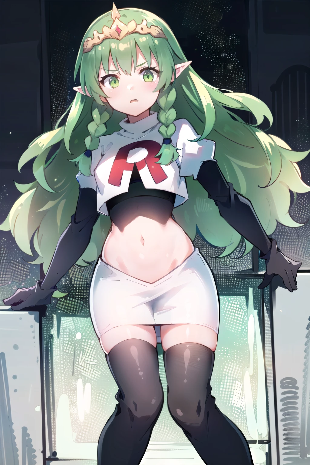 ((ultra detailed, masterpiece, best quality))
FESothis, 1girl, solo, green hair, long hair, green eyes, twin braids, tiara, pointy ears, team rocket,team rocket uniform,white skirt,red letter R,crop top,black thigh-highs,black elbow gloves
