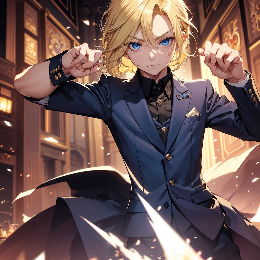 Male 9 years old boy , he has blonde hair .. wearing luxurious clothes , blue eyes , blonde eyelashes , fighting pose , using devil power
