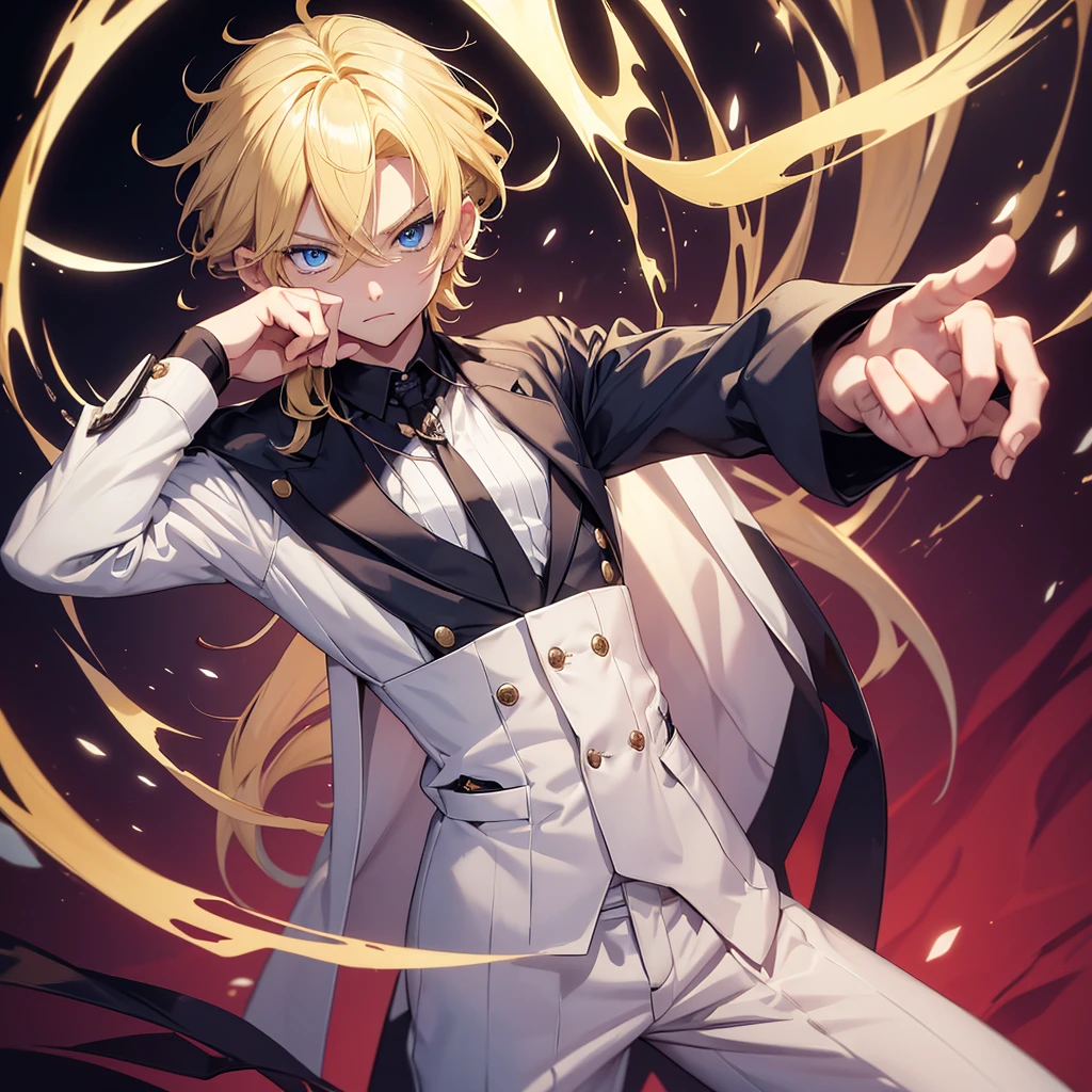 Male 9 years old boy , he has blonde hair .. wearing luxurious clothes , blue eyes , blonde eyelashes , fighting pose , using devil power