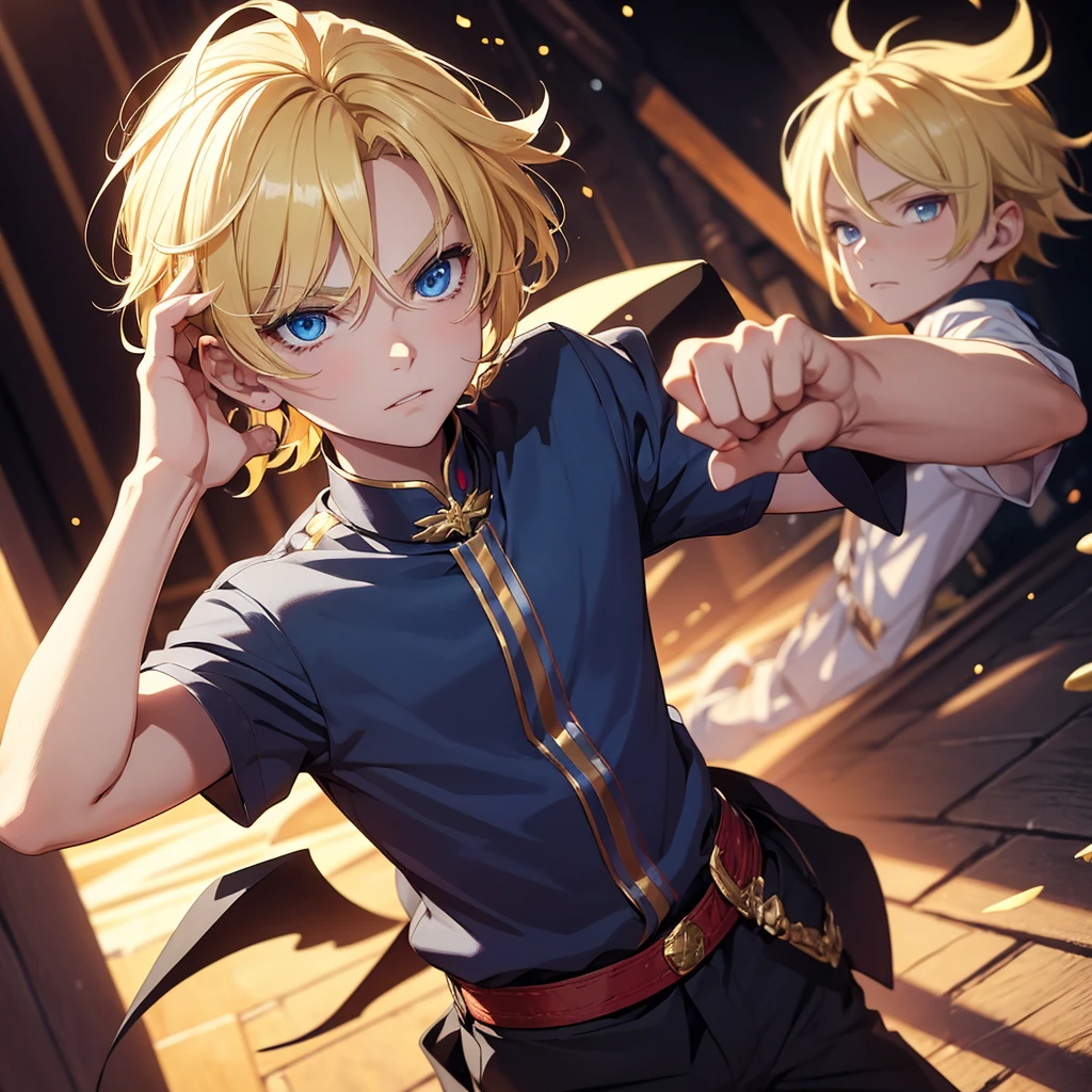 Male 9 years old boy , he has blonde hair .. wearing luxurious clothes , blue eyes , blonde eyelashes , fighting pose , using devil power