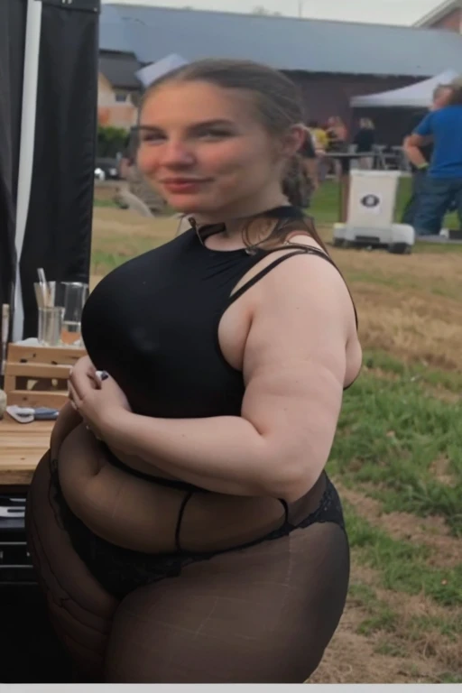 there is a woman standing in a field with a glass of wine, she is wearing a black tank top, mid 2 0's female, very very low quality picture, profile picture, a person at a music festival, her hand is on her waist, wearing a cropped black tank top, wearing a black cropped tank top, she has a jiggly fat round belly, beautiful girl, big ass, huge ass, bbw, from behind, thick, thick thighs, wide hips, bbw, big , sideboob, giant ass, side view, big butt, round butt, tight underwear, underwear halfway off, underwear taking off, grabbing ass, ass spilling over underwear, too thick for clothes, facing right, dominatrix, dominatrix clothes, naked