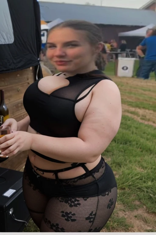 there is a woman standing in a field with a glass of wine, she is wearing a black tank top, mid 2 0's female, very very low quality picture, profile picture, a person at a music festival, her hand is on her waist, wearing a cropped black tank top, wearing a black cropped tank top, she has a jiggly fat round belly, beautiful girl, big ass, huge ass, bbw, from behind, thick, thick thighs, wide hips, bbw, big , sideboob, giant ass, side view, big butt, round butt, tight underwear, underwear halfway off, underwear taking off, grabbing ass, ass spilling over underwear, too thick for clothes, facing right, dominatrix, dominatrix clothes, naked