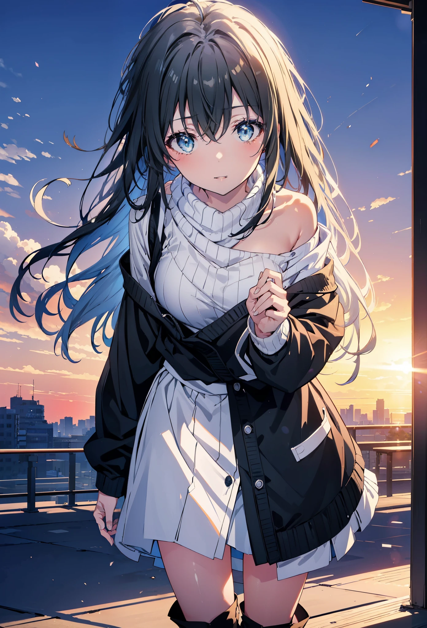Yukino, yukino yukinoshita, Black Hair, blue eyes,smile, Long Hair, Ahoge,One-shoulder sweater,mini skirt,Black tights,short boots,whole bodyがイラストに入るように,morning,morning陽,The sun is rising,Walking,
break looking at viewer,whole body,
break outdoors, Building district,
break (masterpiece:1.2), Highest quality, High resolution, unity 8k wallpaper, (shape:0.8), (Beautiful and beautiful eyes:1.6), Highly detailed face, Perfect lighting, Highly detailed CG, (Perfect hands, Perfect Anatomy),