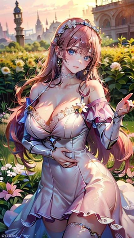 (masterpiece, Highest quality:1.3), (Very detailed:1.2), (hyperRealistic:1.3), (RAW Photos:1.2), High resolution raw color photos, Professional photos, (PhotoRealistic:1.4), (Realistic:1.4), (Pink Hair:1.5), Professional Lighting, Perfect Anatomy, (Big Breasts:1.2), (blush, Detailed face), (Smile:1.7), , erotic sexyダムなsexyなグラビアポーズ, (An angel in a white gold off-the-shoulder sundress、so beautiful、Wearing a flower crown and smiling gracefully in a flower field、Pearl Earrings、Pose picking flowers。:1.3)、Archangel Raphael、big white feathers on the back、Angel、Archangel appearance