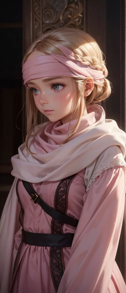 a beautiful girl in a pink dress, standing alone with a cowl headband, profile view looking at the viewer, extremely detailed eyes and face, masterpiece, best quality, high resolution, photorealistic, ultra-detailed, intricate details, delicate features, soft lighting, warm color tones, elegant, feminine, graceful, serene expression