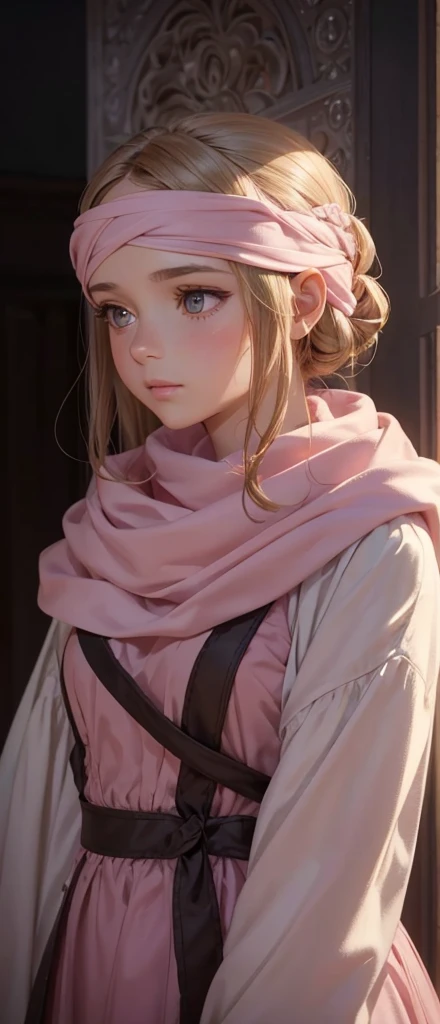 a beautiful girl in a pink dress, standing alone with a cowl headband, profile view looking at the viewer, extremely detailed eyes and face, masterpiece, best quality, high resolution, photorealistic, ultra-detailed, intricate details, delicate features, soft lighting, warm color tones, elegant, feminine, graceful, serene expression