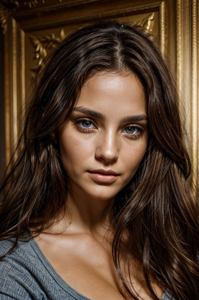Generates a photograph of a beautiful 32-year-old woman of European and Latin origin staring into the camera. her eyes are blue, big and deep, has thick and fleshy lips, brownish skin. her hair is long, quite wavy, dark brown with golden highlights. It&#39;s sensual but not vulgar