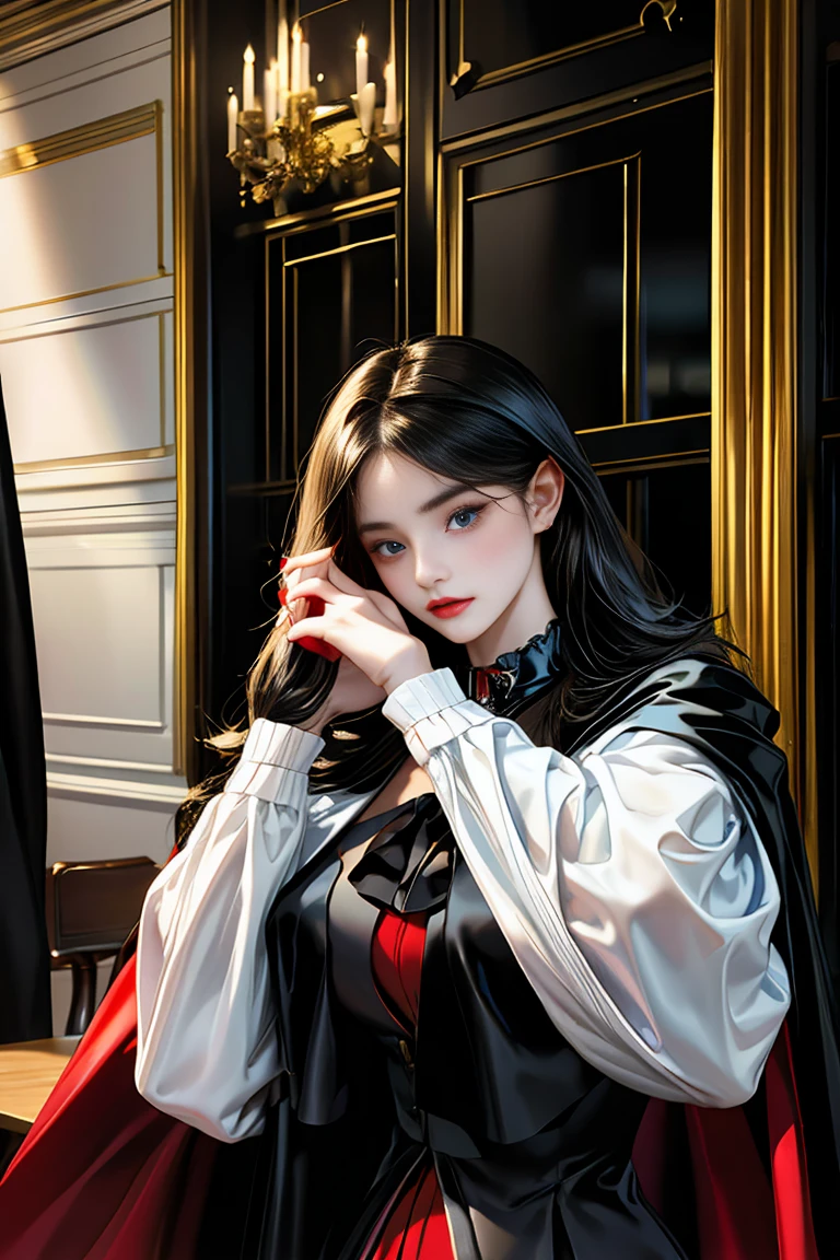 masterpiece, 最high quality, high quality, 1 girl, alone, Female focus, Watching the audience, Messy black hair, Adorable big blue eyes, White people, Noble, Noble,Sexy voluminous black and red cape、Tuxedo、A very voluminous, large, very large, very large, long, long red and black cape with a high stand-up collar, reaching down to the floor, made of a lot of fabric., 23 years old,Cute beautiful girls,Cute, cute, kind, pretty girl