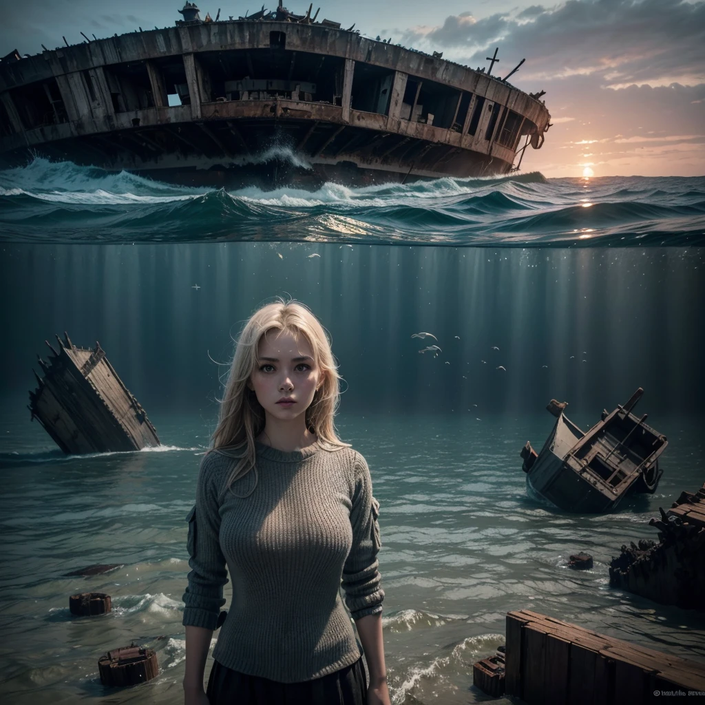 atmosphere of terror,Ocean filled with large dead fish and wrecked and stranded wooden ships, a gigantic hole in the center of the ocean and two rock pillars on each side of the hole...a light-haired woman wearing a WWI colonel's uniform with her back looking into the hole