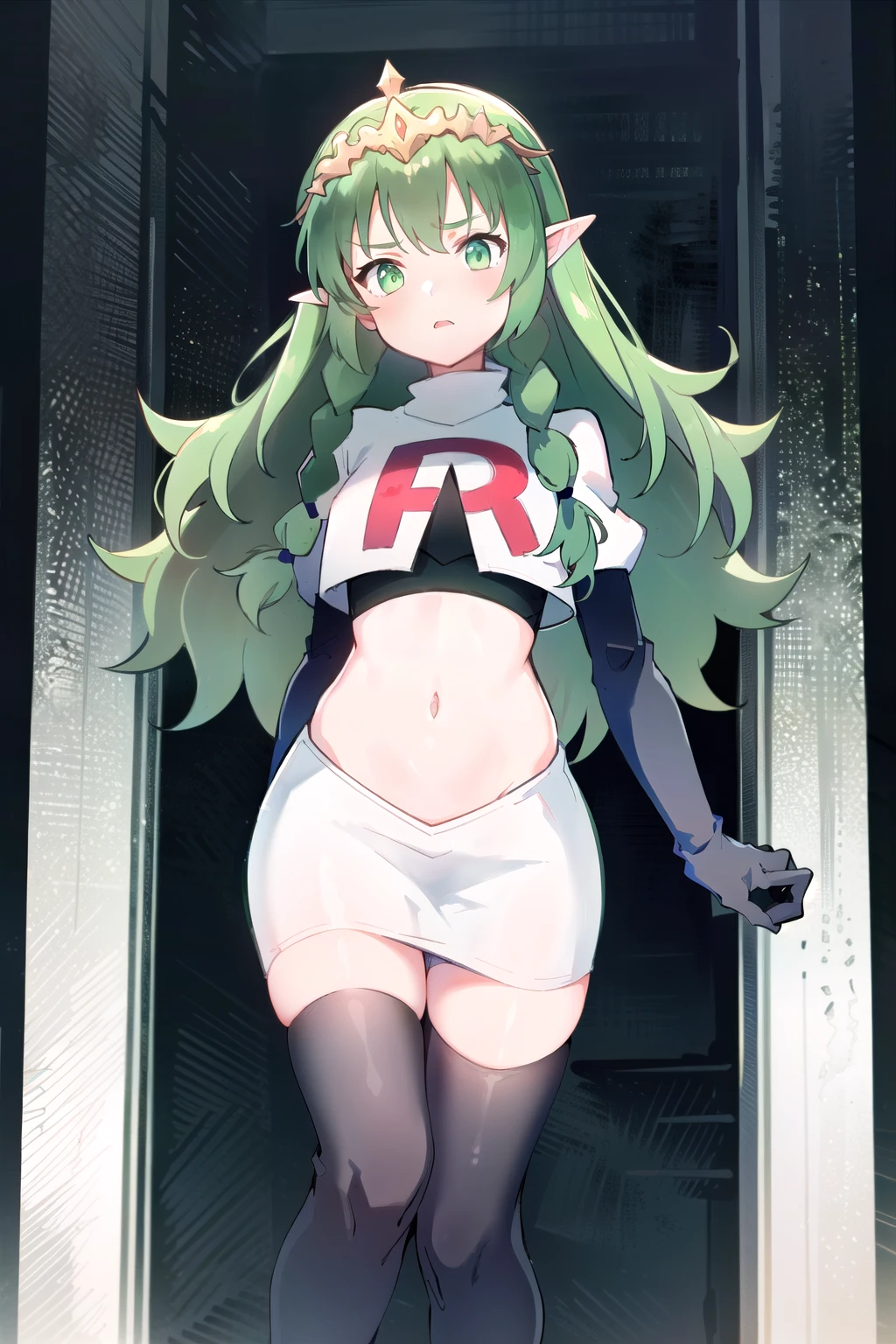 ((ultra detailed, masterpiece, best quality))
FESothis, 1girl, solo, green hair, long hair, green eyes, twin braids, tiara, pointy ears, team rocket,team rocket uniform,white skirt,red letter R,crop top,black thigh-highs,black elbow gloves