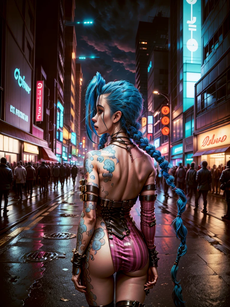 ((Jinx wears a Harajuku Tech costume), Cowboy-shot, wind, tousled hair, cyberpunk cityscape, (Aesthetics and atmosphere:1.2, Super wide shot, from the back