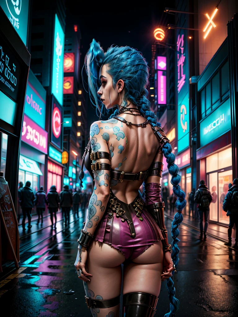 ((Jinx wears a Harajuku Tech costume), Cowboy-shot, wind, tousled hair, cyberpunk cityscape, (Aesthetics and atmosphere:1.2, Super wide shot, from the back

