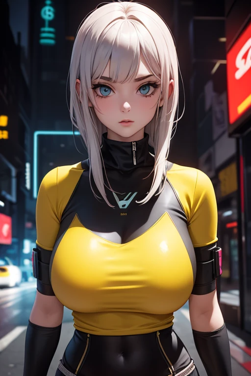 A girl with big breasts, Yellow Cyberpunk style clothing